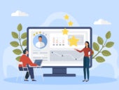 Contact management vector illustration. 2 people managing their client's contact information.